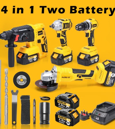 KEELAT四合一无刷无绳冲击扳手冲击钻旋转锤钻角磨机同电池一箱工具套装,带20V 4.0Ah锂离子电池 KEELAT四合一无刷无绳冲击扳手冲击钻旋转锤钻角磨机同电池一箱工具套装,带20V 4.0Ah锂离子电池