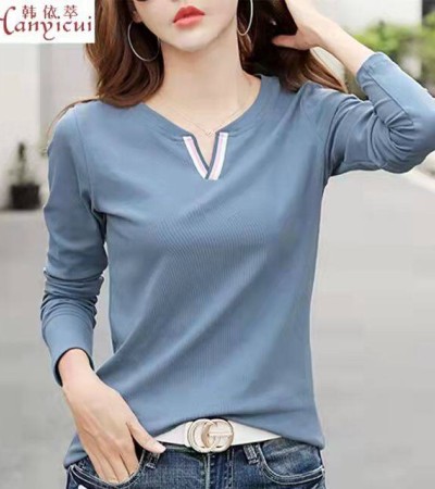 100% Cotton New Long Sleeve T-shirt for Women Loose V Neck Korean Basic Plain bottoming Shirts Blue Plus Size Tops Female Fashion Casual t shirt Free Shipping