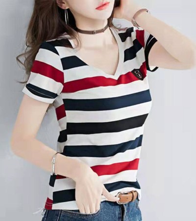 100% cotton Korean New fashion lady Cotton Short-sleeved Stripe T-shirt Women Slim Thin Large Size V-neck Half-sleeve Tee Summer Top