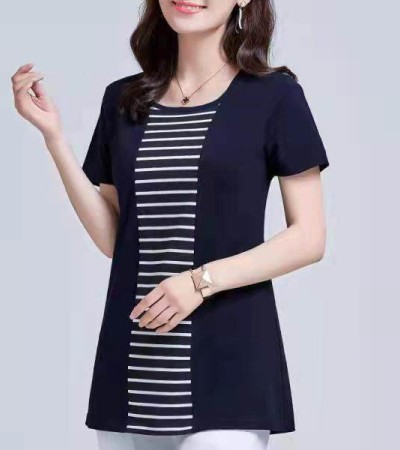 100KG Fat Female Can Wear 2022 New Korean Stripe Long T shirt Women Short Sleeve Plus Size Cover belly round neck fashion t-shirt dress elegant blouse women Tees